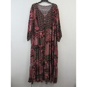 Aveology 30/32 Purple Black Patchwork Printed Paisley Maxi Dress Long Sleeves